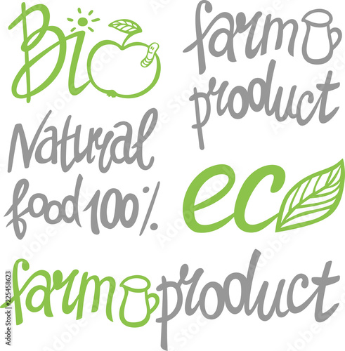 Natural product poster. Healthy, fresh, farm, eco food. Logo. Inspirational hand drawn lettering. Vector colorful illustration, isolated on white background, stamp