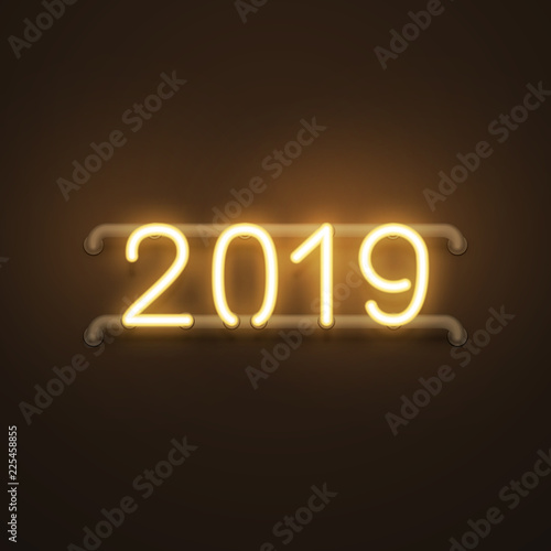 Happy New 2019 year glowing gold neon text banner, postcard design, vector illustration