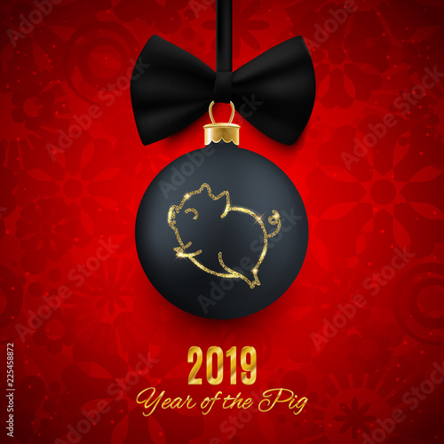 New 2019 Chinese Year of the pig, realistic decorative Christmas ball with animal icon, card, postcard, vector illustration