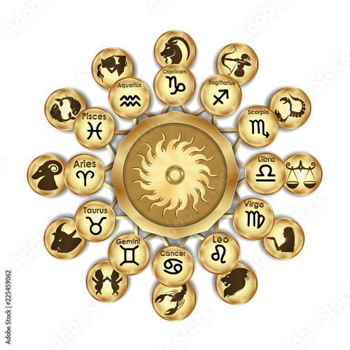 Zodiac signs designation and drawing, arranged in a circle, an isolated object on a white background.