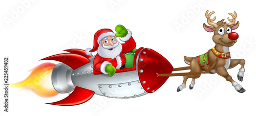 Santa Claus Christmas cartoon character riding in rocket ship sleigh pulled by a reindeer