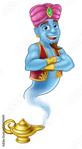 A genie cartoon character coming out of a gold magic lamp like in the story or pantomime of Aladdin 