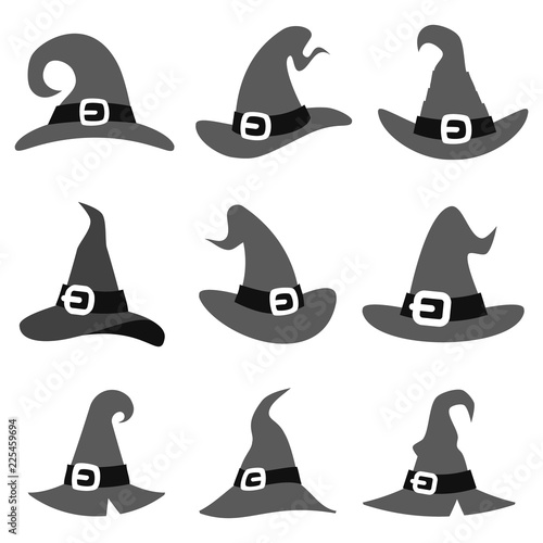 Simple silhouette cartoon witch hat halloween party costume icons set tamplate edit vector illustration