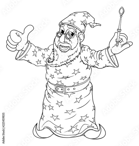 A cartoon wizard character holding a magic wand outline coloring drawing