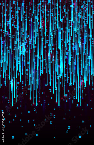 Vector abstract big data visualization. Blue flow of data as matrix code strings. Information code representation. Cryptographic analysis,  hacking. Bitcoin, blockchain transfer Stream of encoded data