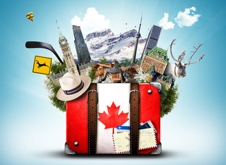Papier peint photo Canada Canada, retro suitcase with hat and canadian attractions  © Zarya Maxim