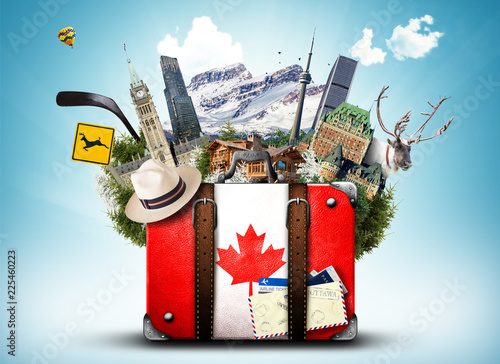 Canada, retro suitcase with hat and canadian attractions