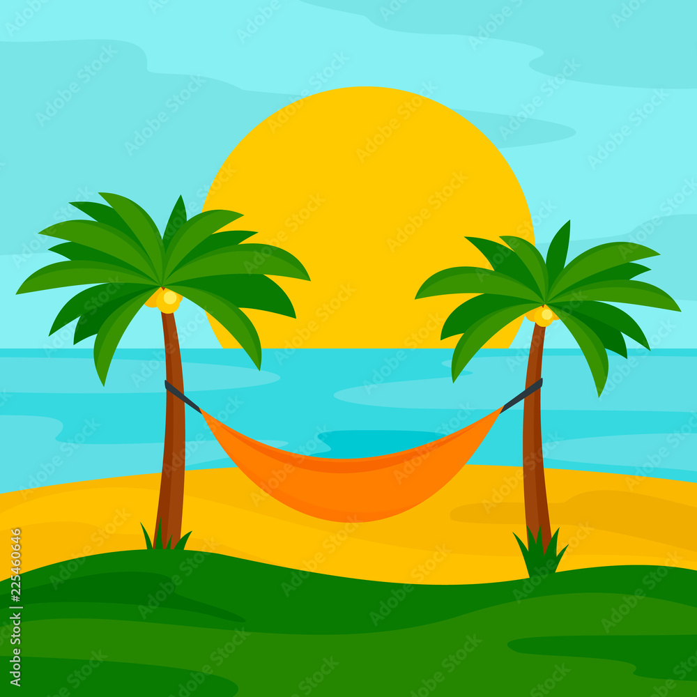 Hammock on the beach concept background. Flat illustration of hammock on the beach vector concept background for web design