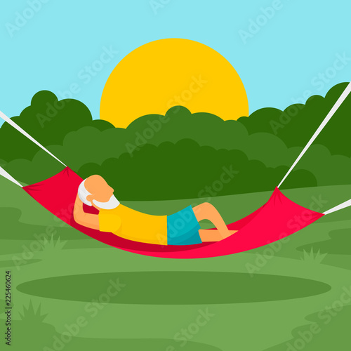 Old man rest hammock concept background. Flat illustration of old man rest hammock vector concept background for web design