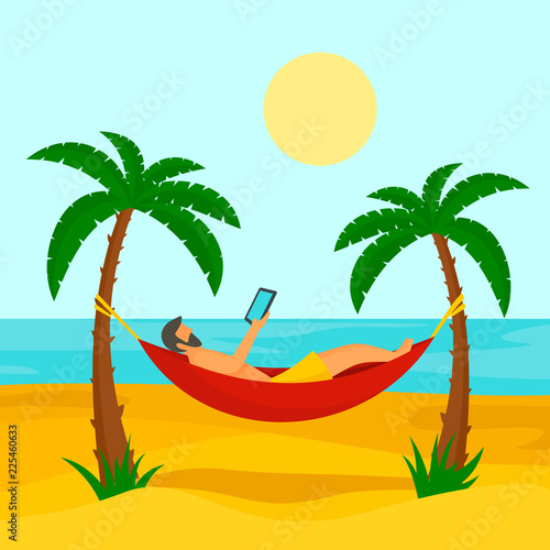 Man at beach hammock concept background. Flat illustration of man at beach hammock vector concept background for web design