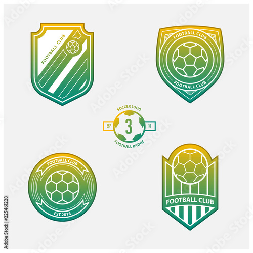Set of football or soccer crests and logos. Soccer badges in flat design on yellow and green gradient background. Football emblem for sport club. Vector illustration.