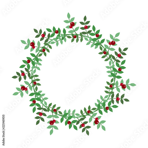 New Year and Christmas wreath flat design icon isolated on white background. Natural holiday wreath with red holly berries and leaves.