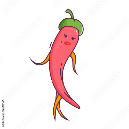 Red hot chili pepper girl character with green beret. Fashion stylish lady vegetable icon. Pepper plant woman vegan mascot in flat design.