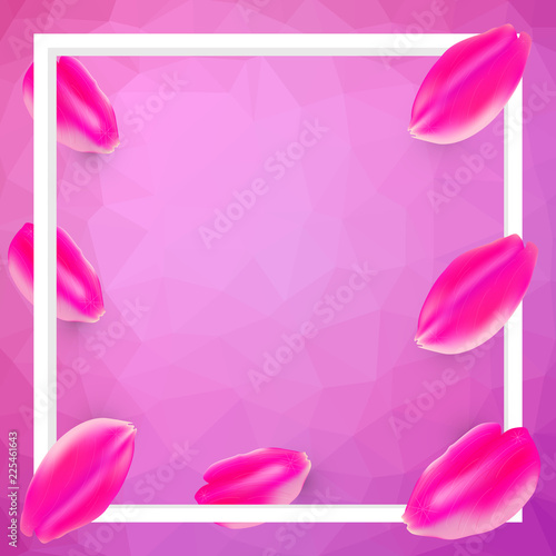 Frame and petals on pink polygonal art background. Template for greeting card © victosha