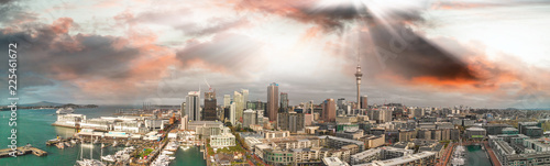 Aerial panoramic view of Auckland skyline at dusk, New Zealand