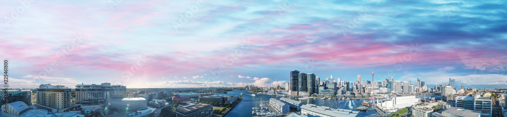 Aerial view of Sydney buildings and skyscrapers at sunset from Darling Harbour on a beautiful sunny day, New South Wales, Australia Aerial view of Sydney buildings and skyscrapers at sunset from Darling Harbour on a beautiful sunny day, New South Wales, Australia