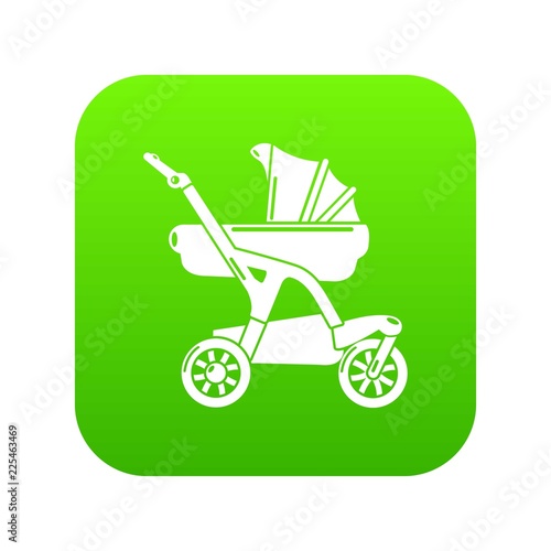 Baby carriage designer icon green vector isolated on white background
