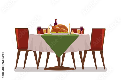 Vector illustration of Christmas food on the table in flat style.  Restaurant table with tablecloth, candles in candlestick, plant, wineglasses. Table for Thanksgiving Day. Holiday dinner. Banquet. 