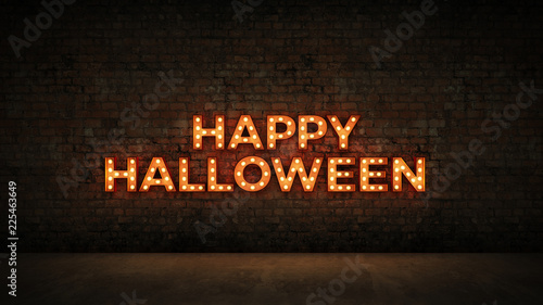 Neon Sign on Brick Wall background - Happy Halloween. 3d rendering