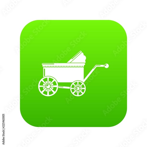 Baby carriage ancient icon green vector isolated on white background