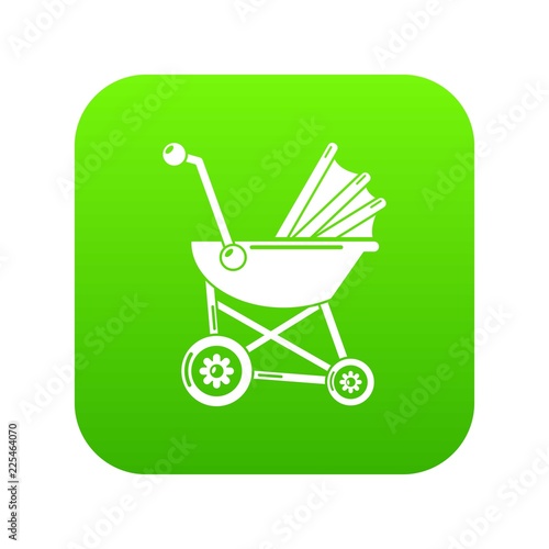 Baby carriage retro icon green vector isolated on white background