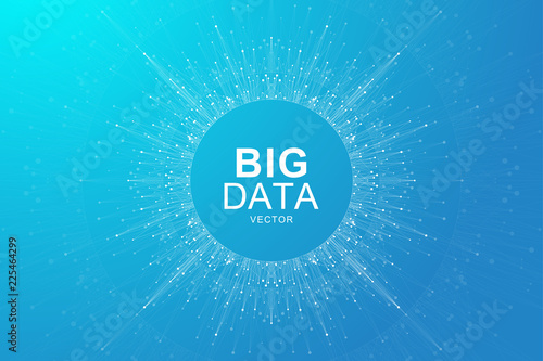 Big data visualization. Graphic abstract background Artificial Intelligence and Machine Learning. Perspective backdrop of depth. Virtual minimal array with compounds. Vector illustration Big data.