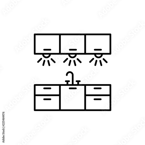 Vector illustration of cabinet lighting. Line icon of kitchen workspace light. Isolated on white background.