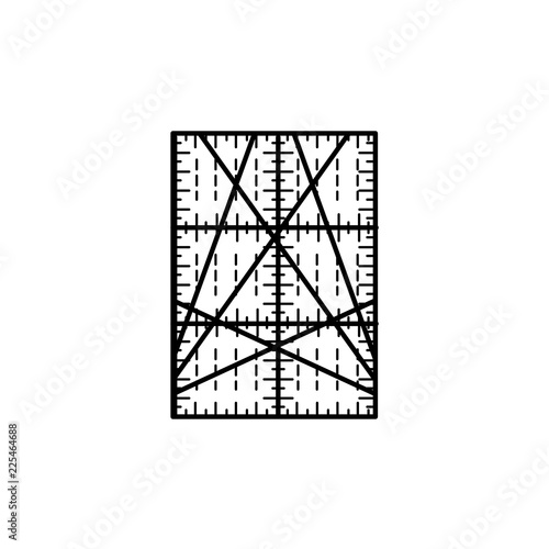 Black & white vector illustration of rectangular quilting ruler. Line icon of patchwork & sewing tool to measure fabric blocks. Isolated on white background.