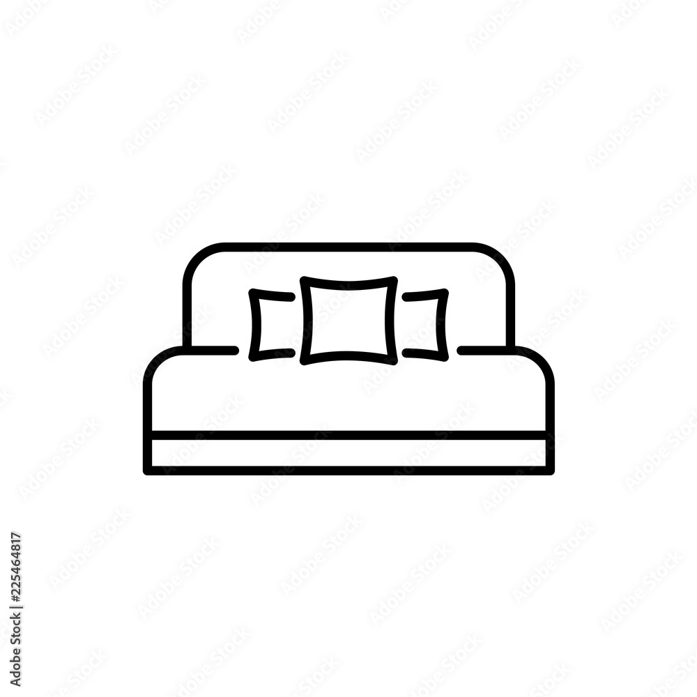 Black & white vector illustration of daybed with headboard 2 pillows. Comfortable sofa. Line icon of settee. Modern home & office furniture. Isolated on white background Black & white vector illustration of daybed with headboard 2 pillows. Comfortable sofa. Line icon of settee. Modern home & office furniture. Isolated on white background