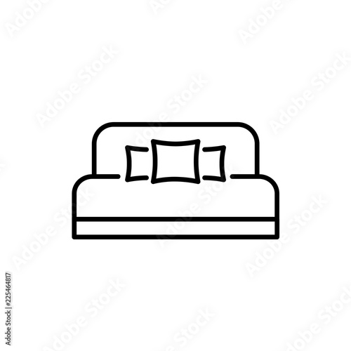 Black & white vector illustration of daybed with headboard 2 pillows. Comfortable sofa. Line icon of settee. Modern home & office furniture. Isolated on white background
