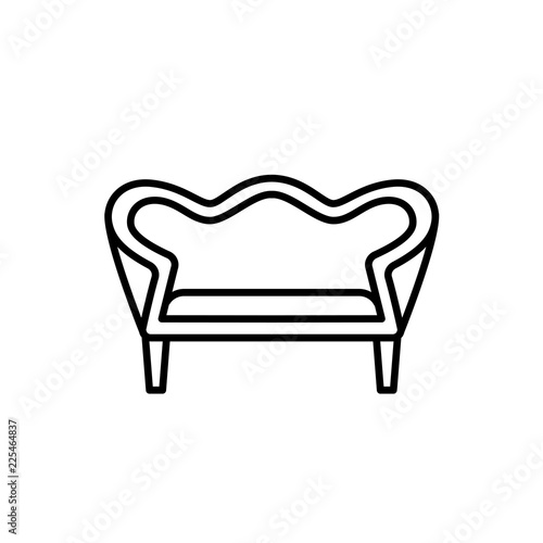 Black & white vector illustration of vintage loveseat. Double sofa. Line icon of settee. Retro home & office furniture. Isolated on white background