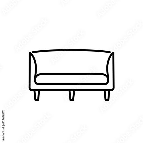 Black & white vector illustration of wooden sofa. Line icon of settee. Modern home & office furniture. Isolated on white background