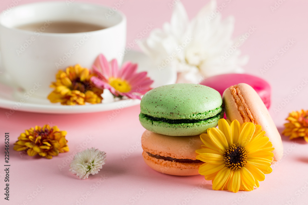 Still life and food photo of cake macarons in a gift box with flowers, a cup of tea on light background. Sweets and desserts concept of macaroons. Still life and food photo of cake macarons in a gift box with flowers, a cup of tea on light background. Sweets and desserts concept of macaroons.