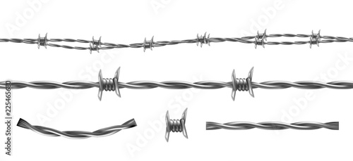 Barbed wire vector illustration, horizontal seamless pattern and separate elements of barbwire isolated on background. Metal protective barrier with sharp barbs for industrial and agricultural fencing photo