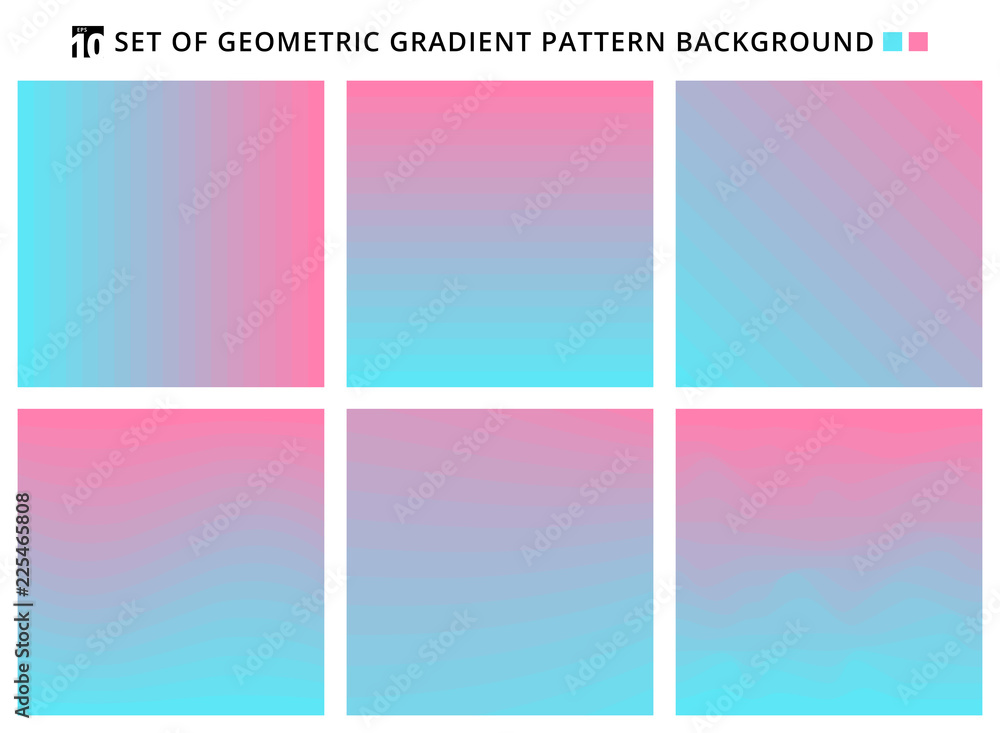 Collection of abstract geometric gradients pattern blue and pink backgrounds.
