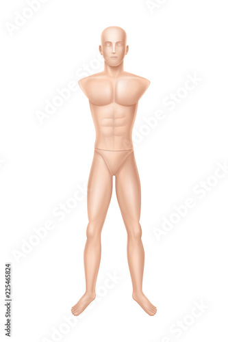 Vector 3d realistic male mannequin - full body without hands. Human figure for training, athlete equipment isolated on white background. Naked doll, manikin for showcase of boutique, clothing store.
