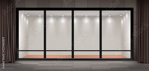 Stampa su tela Vector illustration of storefront, glass illuminated showcase for presentations and museum exhibitions