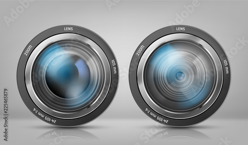 Vector realistic clipart with two camera lenses, photo objectives with zoom isolated on white background. Optical system for photographic devices, modern equipment to make professional shots