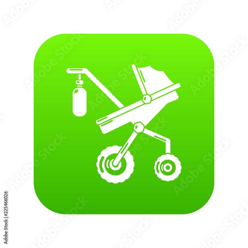 Baby carriage classy icon green vector isolated on white background