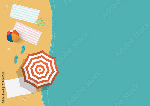 Vector illustration of top view beach shore with water, umbrella, ball, sandals and beach towels.