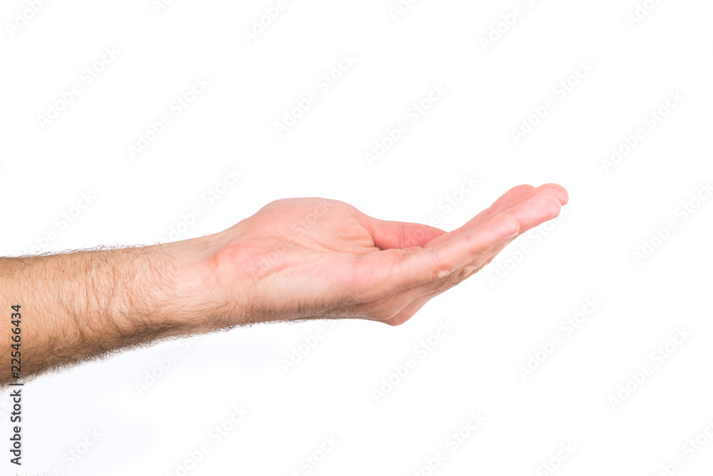 Mans hand gesture isolated on a white background. Holding something or giving hand.. Mans hand gesture isolated on a white background. Holding something or giving hand..