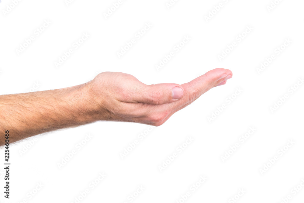 Mans hand gesture isolated on a white background. Holding something or giving hand.. Mans hand gesture isolated on a white background. Holding something or giving hand..