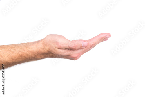 Mans hand  gesture isolated on a white background. Holding something or giving hand..