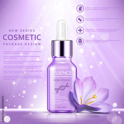 Cosmetic ads template, essence bottle with flower and glitter elements on the background, vector illustration