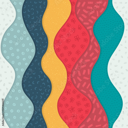 Vector seamless pattern with abstract textured waves. Curve shapes with many different hand drawn elements. Waved layers with shadow. Material design. Wallpaper, textile, wrapping, print on clothes