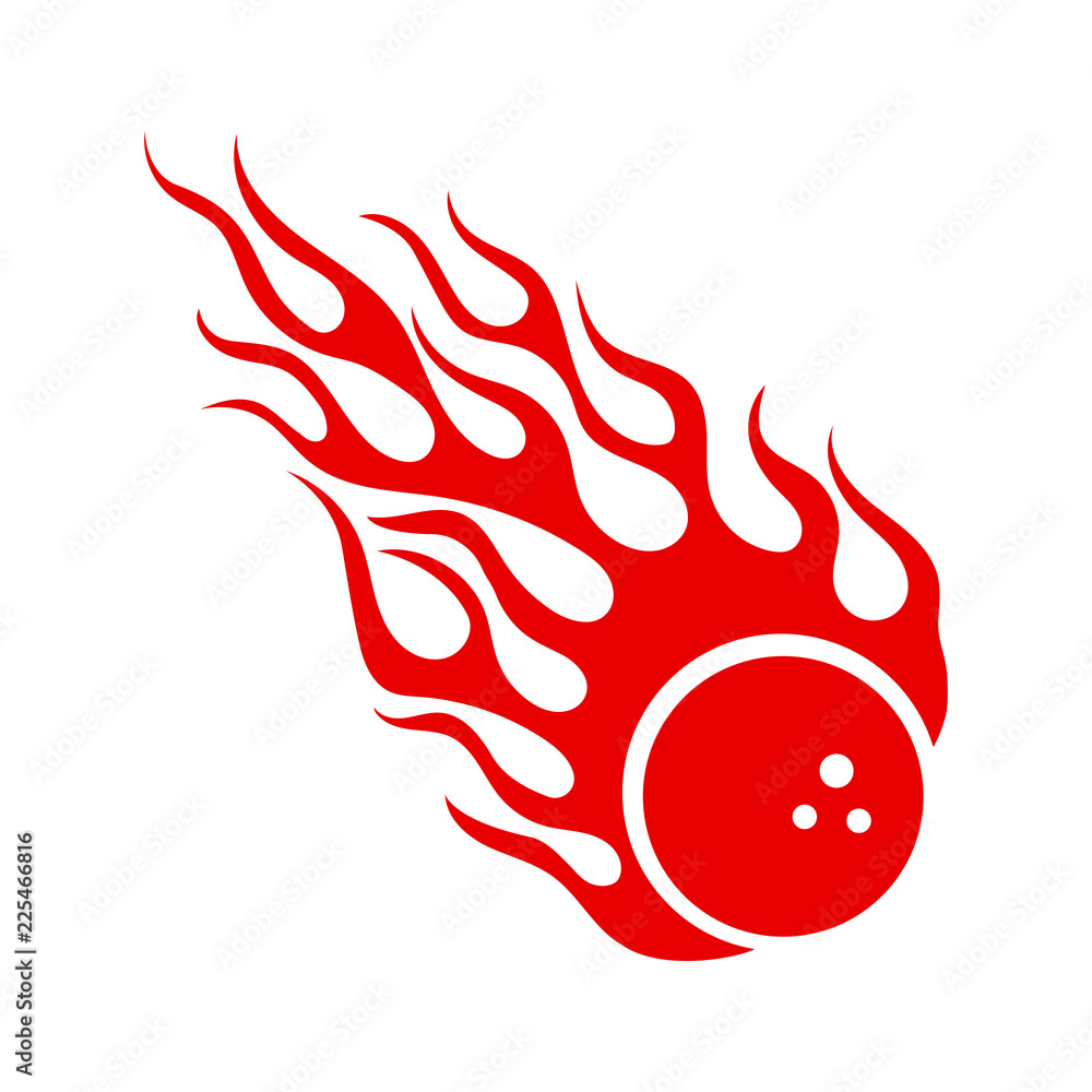 Blazing fireball with flames vector emblem. Burning red bowling ball with  hot fire flame isolated on white background. Illustration for retro hot  tattoo, stylish bowling club or fiery comet sign Stock Vector