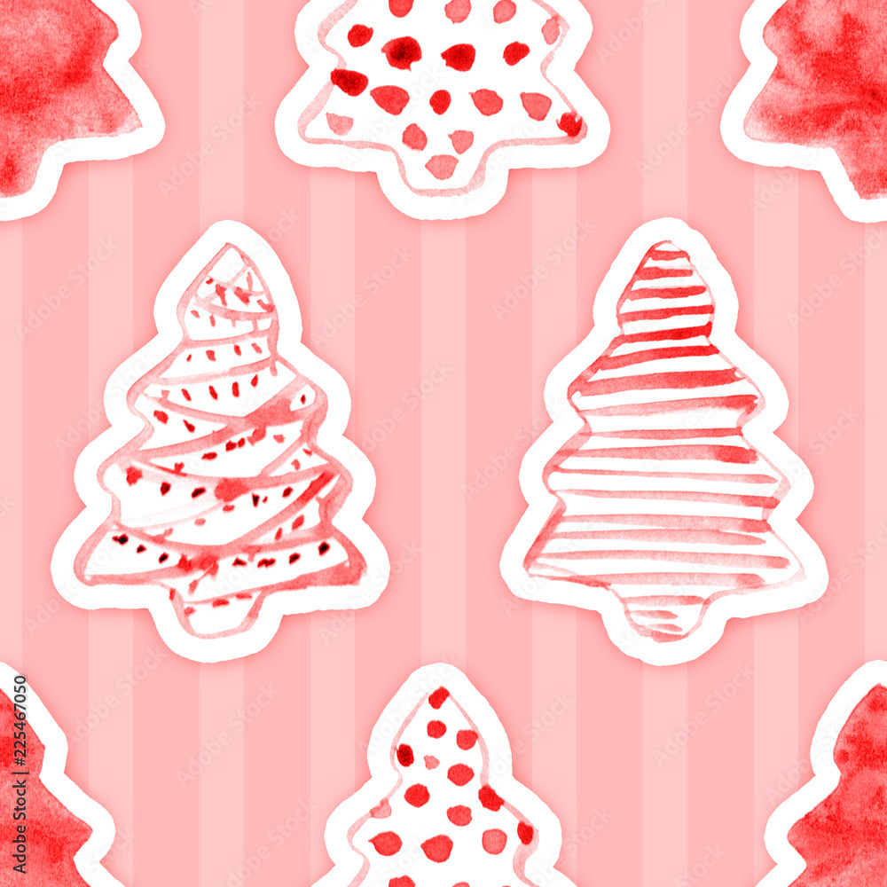 Seamless Pattern with Hand Drawn Watercolor Christmas Tree on Stripped Background for Your Holidays Design. Realistic Paper Applique, Cutout. Good for Wrapping, Wallpaper, Fabric, Banners, Posters. Seamless Pattern with Hand Drawn Watercolor Christmas Tree on Stripped Background for Your Holidays Design. Realistic Paper Applique, Cutout. Good for Wrapping, Wallpaper, Fabric, Banners, Posters.