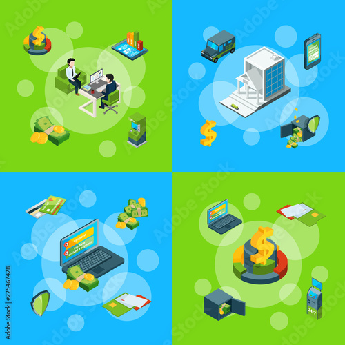 Vector banner and poster isometric money flow in bank icons infographic concept set illustration