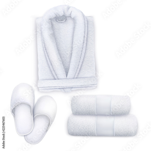 Vector. Mock Up. White Set Spa Towel, Slippers, Bathrobe