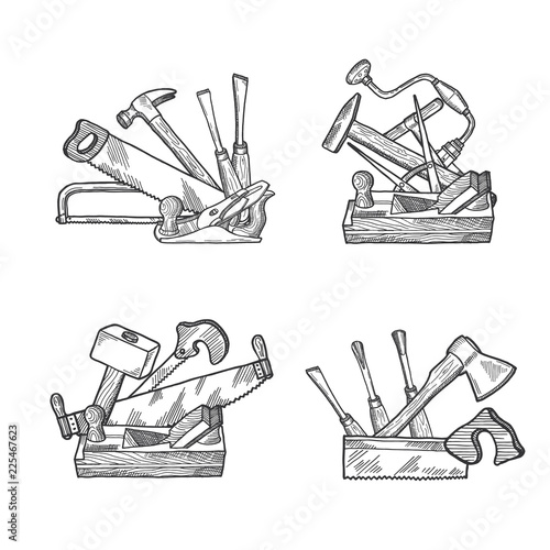 Vector hand drawn woodwork elements piles set isolated on white background illustration